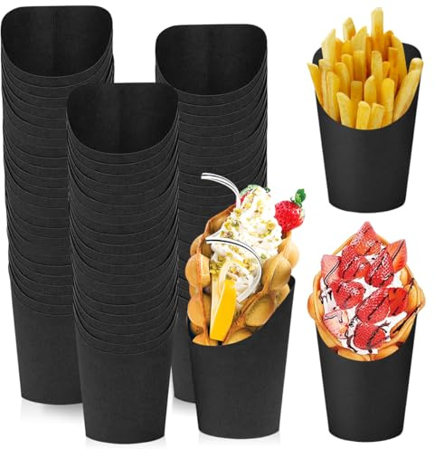 ADERTOS 50 Pcs Disposable French Fries Cup, 14oz Snacks Kraft Paper Cups Waffle Snacks Holders Ice Cream Food Trays Paper Cones Take- Out Party Frozen Dessert Supplies for Party Food Buffets (Black)