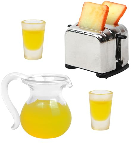 Accessoires de cuisine pour maison de poupée, échelle 1:12, grille-pain miniature avec 2 tranches, 2 tasses à jus d'orange et 1 pichet, mini articles pour poupée réalistes, ustensile gadget scène