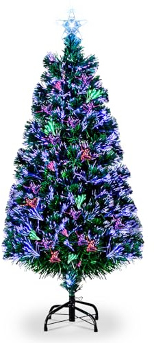 LEADZM Weihnachtsbaum mit Beleuchtung, Künstlicher Weihnachtsbaum mit Glasfaser-Farbwechsler – 85 grüne Zweige mit einem Stern Oben Drauf, Flammhemmendes PVC, 90 cm