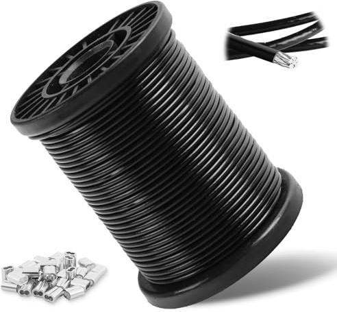2mm Drahtseil Ummantelt,30m Edelstahl Stahlseil mit Schwarz PVC-Beschichtung und 30 Crimphülsen für Kletterpflanzen, Lichterkette, Gardinen, Zaun, Wäscheleine