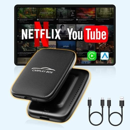 Wireless Carplay and Android Car Dongle Support Netflix/YouTube/TF Card,Car Play Ai Box with USBA-C and USBC-C Cable for iPhone Android,Video Box Convert Wired to Wireless CarPlay Stream to Your Car