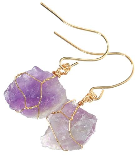JOINPAYA Pendientes de Amatista Natural Irregulares para Mujer Diseño Artesanal con Envoltura Dorada Ligeros y Resistentes Accesorios de Cristal Elegantes para Fiesta y Uso Diario