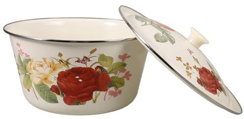FOMIYES Ciotola Smaltata Vintage con Coperchio, Bacinella Smaltata Multifunzione 24 Cm, Zuppiera Classica per Casa e Ristorante, Materiale Smaltato di Qualità, Facile da Pulire