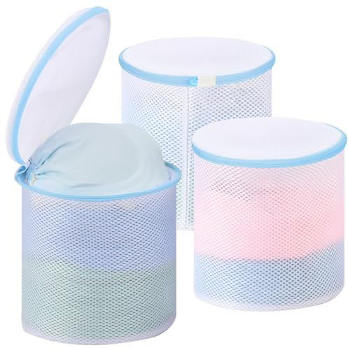 Dntorx 3 Stück BH Wäschenetz für Waschmaschine, Wäschesack 18x20 cm, Blau | Verdicktes Mesh, Reißfest Wiederverwendbare, Passt für BH-Größen A-D, Verstecktem Reißverschluss für BHs Unterwäsche Socken