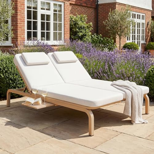 FammyLoft Outdoor Patio Daybed mit Ausziehtisch, Outdoor Wasserdichtes Sofabett mit Verstellbarer Rückenlehnenwinkel(5-stufig), Gartenliege Wetterfest mit Kopfstütze, Doppel-Liegebett, Sonnenliege