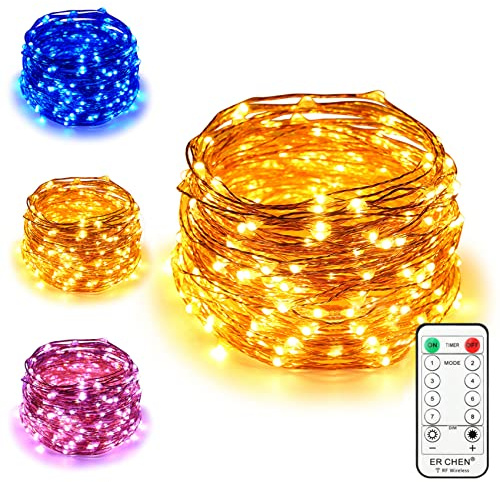 ErChen Strombetrieben Zweifarbige LED Lichterkette, 100 FT 30M 300 LEDs-Plug in 8 Modi Dimmbare Kupfer Draht-Lichterketten mit Fernbedienung Timer für Innen Außen Weihnachten (Blau, Warmweiß)