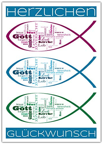 A4 XXL Glückwunschkarte WORTE & FISCHE mit Umschlag - Premium Klappkarte für Kommunion Konfirmation Taufe Firmung Geburtstag Karte von BREITENWERK