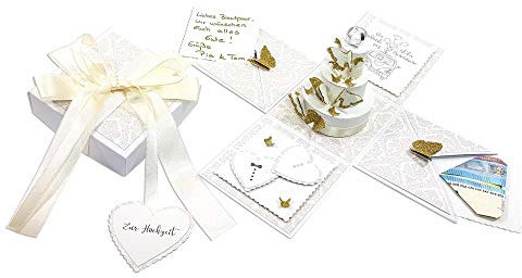 Frau WunderVoll® Explosionsbox Hochzeit Bastelset mit Aufklapp-Funktion Maße Box 10x10x10 cm (gefaltet), Gastgeschenk Geschenkbox Geldgeschenk Geschenk Vintage Scrapbook Mitgebsel
