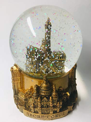 VIANAYA Boule de Neige Paris Tour Eiffel - Base résine avec Monuments en 3D et Globe en Verre avec Paillettes Scintillantes -Couleur doré - Taille Moyenne (Hauteur 11CM)
