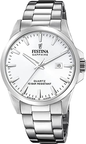 Festina Swiss Made Reloj Hombre Analógico de Acero Inoxidable 316l Plateado - Movimiento de Cuarzo - Calendario - Cristal Zafiro de Alta Resistencia - Resistente al Agua 10 ATM F20024/2 Classic Steel