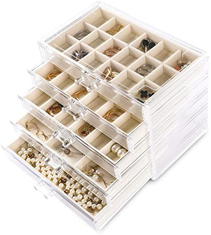 Frebeauty Organizador de joyas de acrílico, caja organizadora de pendientes con 5 cajones, joyero transparente con bandejas de terciopelo para mujer, soporte apilable para pendientes (beige)