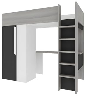 Vente-unique Hochbett Nicolas II – 90 x 200 cm – mit Schrank und Schreibtisch – Anthrazit und Weiß