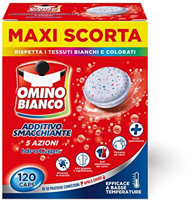 Omino Bianco - Additif Machine à laver Total 5 Actions en 1 Hydrocaps, Capsules hydrosolubles pour lessive, Détachant et Désinfectant, 10 Caps x 12 Paquets