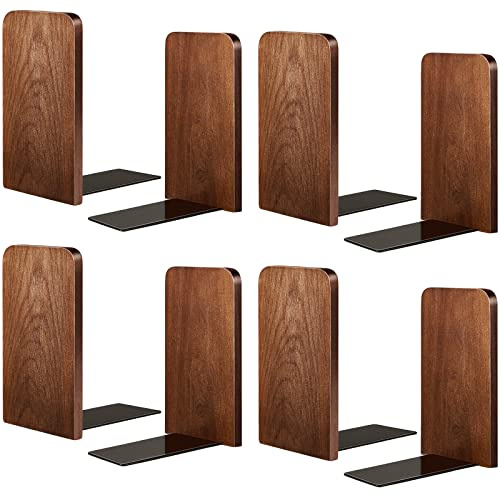 Eaasty 4 Pairs Wooden Bookends for Heavy Books, Walnut Wood Book Holders, Sturdy Non-Skid Book Stops for Shelves and Office Desk, 5.2 x 3.2 x 4.2 Inches