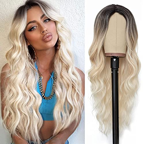 PORSMEER Lange Lockige Blond Ombre mit dunkler Wurzel Perücke Damen Natürlich Haarperücken für Frauen Afro Alltag Anime Cosplay Kostümparty Halloween Karneval Wig