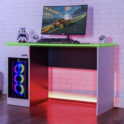 X-Rocker Carbon-Tek 120cm x 50cm, RGB LED Gaming Desk - Neo Fibre Lighting, Built-In Drawer, PC Storage Shelf, Free Standing, Durable Wooden Frame for Kids & Teens - White