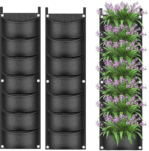 LATERN 2 Stück Hängend Pflanzbeutel, 7 Taschen Wandbehang Pflanzgefäß Vertikale Blumentopf Tasche Atmungsaktive Pflanzbeutel aus Vliesstoff für Yard Garden Home Dekoration (Schwarz)