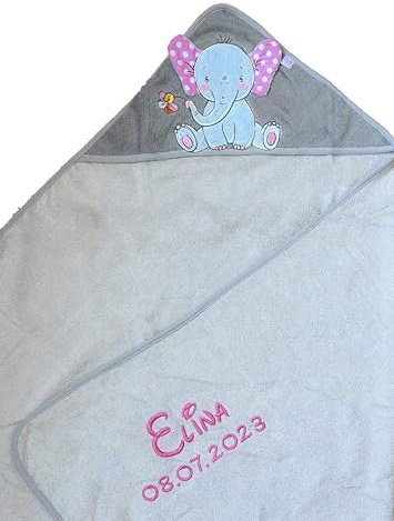 KIDDI-MEDIA Kapuzenhandtuch Bestickt mit Name und Geburtsdatum 100x100 cm | Grau, kuschelig weich, Elefant