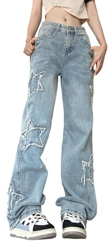 Womens Trendy High Waist Wide Leg Y2K Jeans Aesthetic Star Pants Teen Girls Boyfriend Loose Fit Star Embroidery Jeans Blue