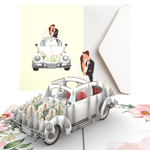 Hartensteler® Pop-Up Karte Hochzeitskarte - 3D Hochzeitsauto mit Brautpaar, edle Glückwunschkarte zur Hochzeit & Trauung, Geldgeschenk für Hochzeitsreise & Flitterwochen von Brautpaar