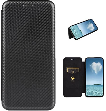 COQUE Honor Magic 5 Pro Hülle, Leder Flip Wallet Case mit Kartenfach, Carbon Fiber Leder TPU Hülle für Honor Magic 5 Pro-Schwarz