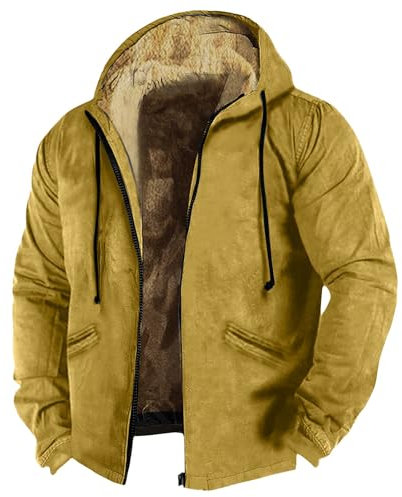 Herren Winterjacke Thermo Zipper Fleece Solid Kordelzug Wintermantel Winterjacke Mit Kapuze Skijacke Herren Oversize Langarm Reißverschluss Skijacke Steppjacke(Gelb,L3)