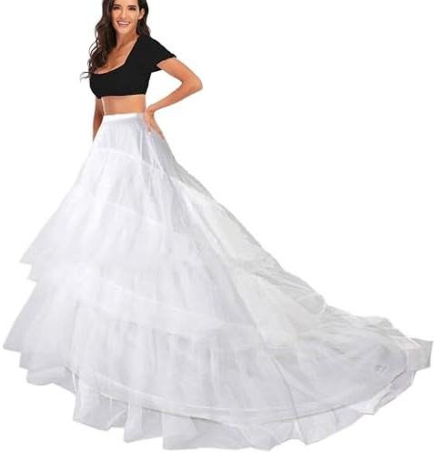 Petticoat Crinoline Long Tail 2 Hoops 3 Ruffles net Tulle Petticoats Full Slips Wedding Underskirt for Bridal Dress Fancy Prom Evening Costume Princess Skirt Underdress White Black(White,4)