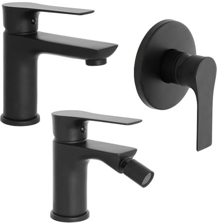 Set rubinetti lavabo, bidet e doccia in ottone nero opaco, piletta click clack e corpo incasso inclusi, linea FLAT