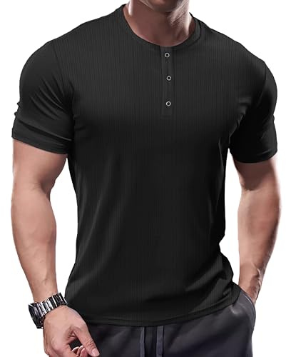 Muhshoiy Men's Ribbed Summer Cooling Short Sleeve T-Shirt - 3 Metal Button Placket, Drapey Fabric, Stretchy Muscle Slim Fit Shirt, Lightweight and Breathable