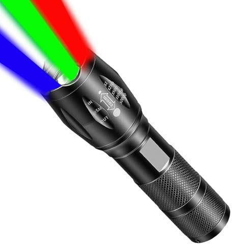 MVIOCS LED Red Flashlight Rechargeable, Zoomable, Waterproof, Powerful, 4 Color in 1 LED Green Light, Blue Light, White Light Flashlight Torch for Home, Outdoor, Camping, Night Observation