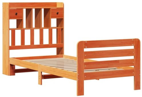 vidaXL Massivholzbett, Bett Kopfteil mit Bücherregal ohne Matratze, Bettgestell mit Lattenrost, Holzbett Einzelbett für Schlafzimmer, Wachsbraun 75x190cm Kiefer