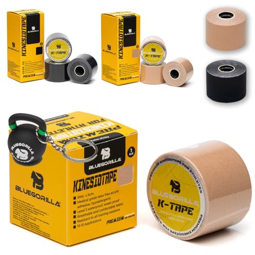 BLUEGORILLA Premium Kinesio tape, cinta kinesiologica deportiva, vendaje neuromuscular, tiras fisioterapia adhesiva, Resistente al agua y al sudor (nivel 3). Sin latex. Llavero Regalo (Piel, 1)