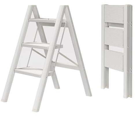 Escalera plegable de aluminio de 3 escalones para el hogar, multifuncional, escalera de cocina, banco de escalera pequeña, escalera blanca para interiores con función de andamio