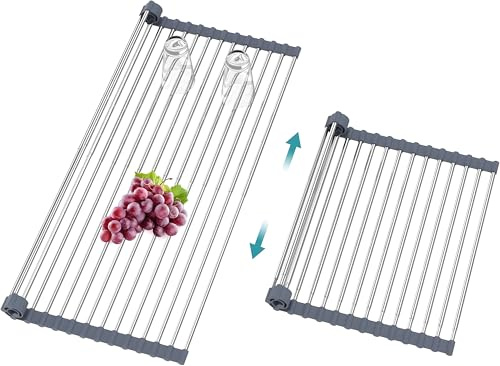 Rejilla de goteo para fregadero, escurridor de platos, soporte para paños de cocina, escurridor enrollable, resistente al calor, de acero inoxidable revestido de silicona resistente al calor