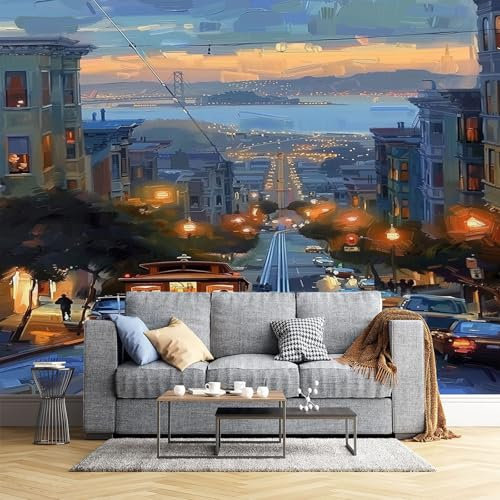JEDTAKCT Eckfototapete Fototapete 400X280Cm Retro Stadt Wohnzimmer Schlafzimmer Wandtapete 70Er Jahre Ölgemälde Tapete Uv-Beständig Geruchsfrei Montagefertig