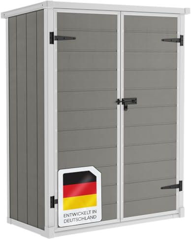 STEELSØN Novara Gerätehaus aus Kunststoff – Geräteschuppen mit 2 Regalfächern – Gartenhaus wetterfest – Hochwertige Gartenhütte Pultdach, Aluminiumrahmen – Gartengerätehalter Grau 170x68x134 cm