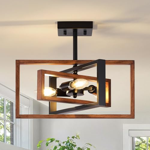 LWYTJO Schwarz Deckenlampe 3-flammig, Metall Industrial Kronleuchter, E14 | Holzmaserung, Offenes Rechteckigen Design, Ø40cm, Dimmbar Deckenleuchte für Schlafzimmer, Küche, Flur, Essbereich, 40W, 220V