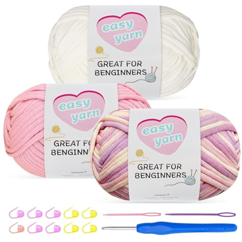 Chunky Cotton Yarn for Crochet 3x100g Thick Wool for Knitting Crochet Yarn with 4mm Hook Starter Kit for Beginners Amigurumi Projects (Off-White+BabyPink+Lavender-Striped)
