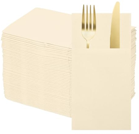 sourcing map 50 Pcs Disposable Linen Feel Napkins with Built-in Flatware Pockets, Paper Dinner Napkins for Knife and Forks, Hand Towels for Wedding Party Beige