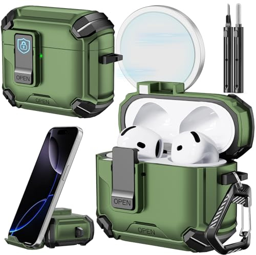 Inesore for AirPods 4 Hülle (2024) with Phone Stand Design, Compatible with MagSafe, Auto-Locking Case Cover for Air Pods 4 with Cleaning Kit & Keychain, Warm Green