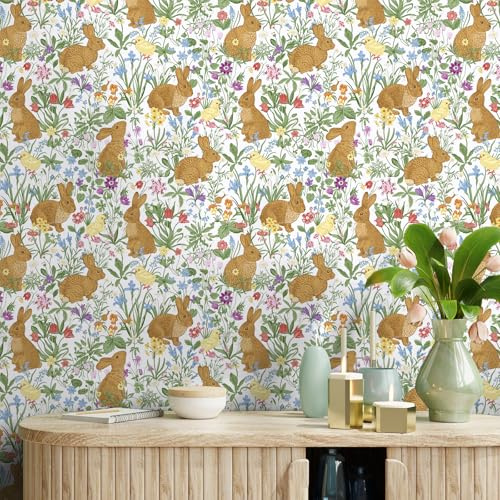 VaryPaper Papier Peint Lapin Brun Mignon 44.5cmx200cm Rouleau Adhesif pour Meuble Blanc Papier Peint à Fleur Coloré Chambre Enfant Salon Escaliers Sticker Meuble Adhésif Placard Tiroir Armoire