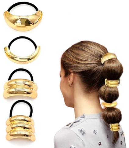 JZK 4 gomas doradas para coletas de caballo, bandas elásticas con encanto, elegantes lazos metálicos para el pelo, soporte de cola de caballo de metal, accesorios dorados para el cabello