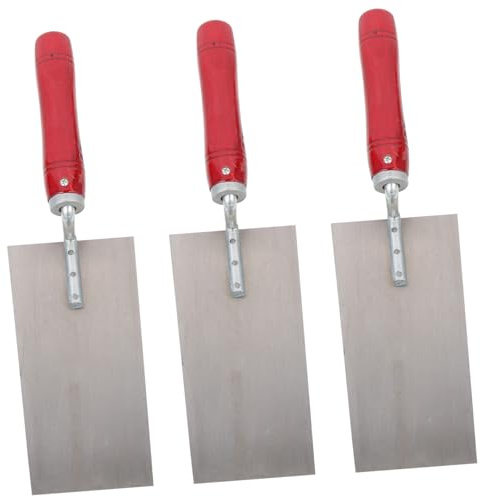 DECOMELODY Lot De 3 Truelles à Plâtre Professionnelles En Acier Inoxydable, Grattoir Coupe-mastic, Spatules De Construction à Manche Bois Rouge, Grand Format, Pour Maçonnerie Et Rénovation