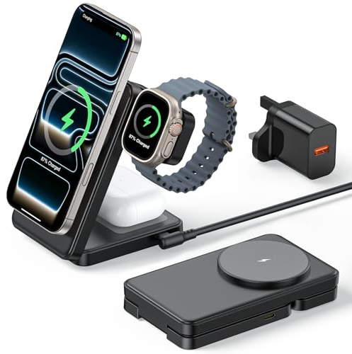 3 in 1 Magnetic iPhone Charging Station, Black | Foldable 15W Fast Wireless Charger Compatible with MagSafe Charger Stand for iPhone 17 ProMax, Apple Watch & AirPods Charger