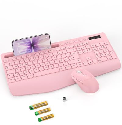 SABLUTE Tastatur Maus Set kabellos, Ergonomische Handballenauflage-Rosa | KM23D Tastatur kabellos Set, 2.4G keine Latenz ,Telefonhalter, Akku im Lieferumfang enthalten, Leise für Laptop, PC, Windows