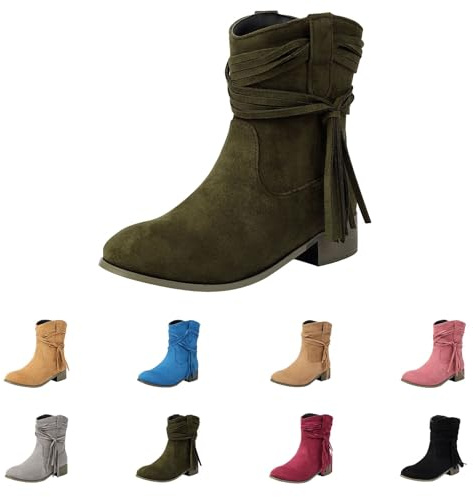 Botas de ante para mujer de media altura – Botines para mujer con tacón con flecos con cordones, botines de caña ancha, botas de invierno, antideslizantes, botas de vaquero, zapatos tradicionales