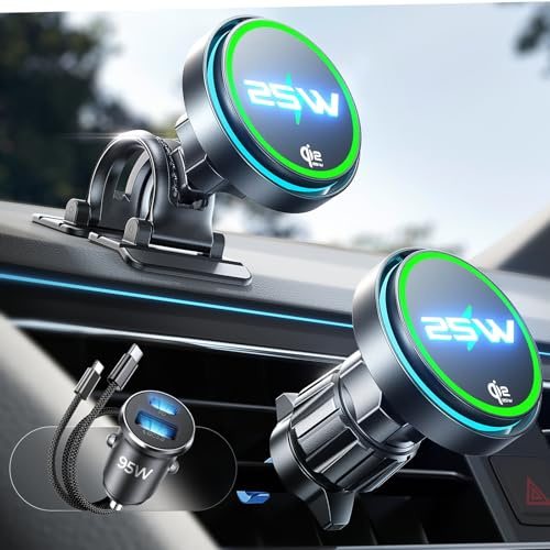 LISEN Wireless Magsafe Car Charger,[25W Qi2.2 Certified & 95W Fast Car Charger] Magsafe Car Mount Charger for iPhone 17 Pro Max Accessories Car Phone Holder Magnetic Charger for iPhone 17 16 Pixel,Etc