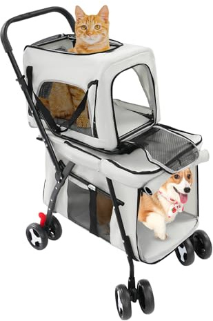 Doppelschicht-Haustierwagen 63×51×105 cm, 15 kg+7 kg Tragkraft, Tragbarer Kinderwagen, faltbar & abnehmbar, Aufbewahrungstaschen – Katzen-/Hunde-Transport für Park, Tierklinik, Reisen (Grau)