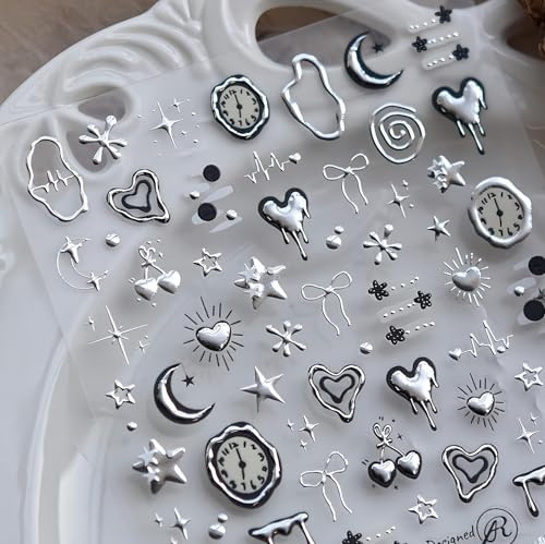 YJHAT 1 Sheet 5D Embossed Self Adhesive Nail Stickers Silver Heart Star for Women Gel Acrylic Nails DIY Manicure Decorations