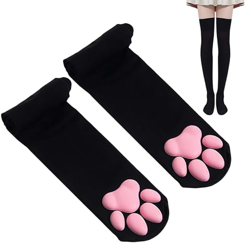 1 Paio Calze alte alla coscia, Calze Overknee Donna, Design Zampa di Gatto 3D Silicone, Nere, 50cm, per Cosplay, Halloween, Feste